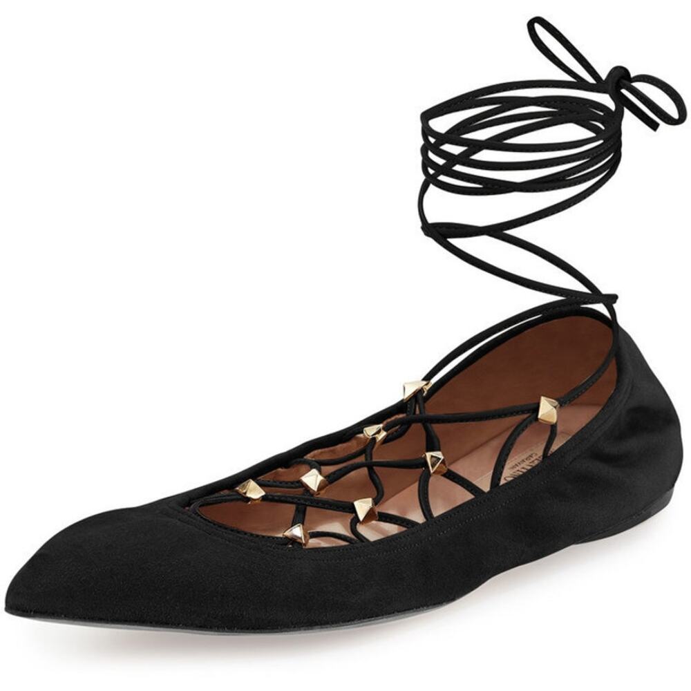 Valentino Black Suede Gold Rockstud Lace Up Ankle-Wrap Pointed Ballet Flat